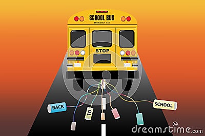 School bus with tith tied cans with inscription back to school Vector Illustration