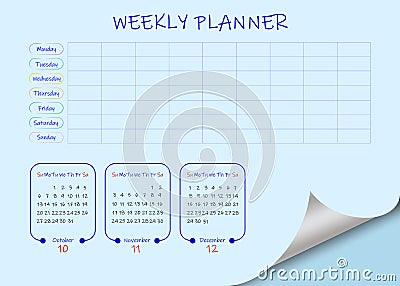 School or business weekly calendar for the fourth quarter of 2019 Vector Illustration