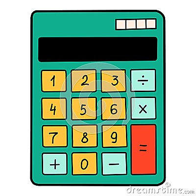 School calculator cartoon in doodle retro style. Back to school stationery element bold bright. Classic supplies for Vector Illustration