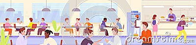 School canteen. Students eating food in university catering, college kitchen chef serving kid young student, dining room Vector Illustration