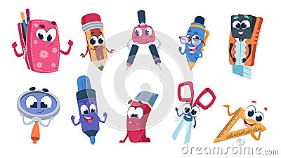 School cartoon characters. Student stationery mascots with smile faces, flat cut collection of funny educational Vector Illustration