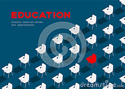 School chair with writing pad 3D isometric pattern, Education classroom concept poster and banner horizontal design illustration Vector Illustration