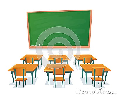 School chalkboard and desks. Empty blackboard, classroom wooden desk and chair isolated cartoon vector illustration Vector Illustration