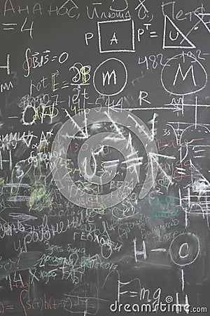 School chalkboard with many formuls, signs Stock Photo