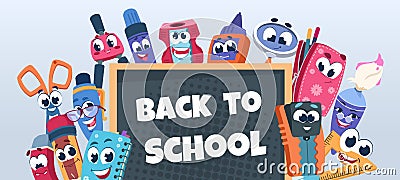 School characters background. Cute educational supplies with funny faces. Vector happy book notebook pencil and pen on Vector Illustration