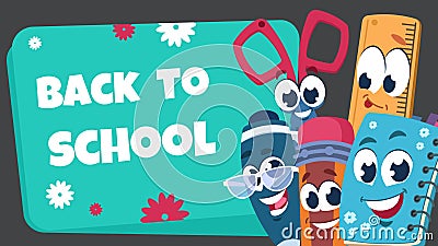 School characters background. Educational poster with happy school stationery for kids. Vector funny banner with book Vector Illustration