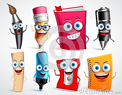 School characters vector illustration set. Education items 3D cartoon mascots Vector Illustration