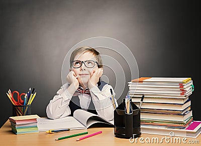 School Child Boy in Glasses Think Classroom, Kid Students Book Stock Photo