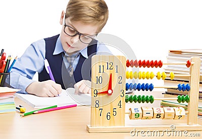 School Child Pupil Education, Clock Abacus, Students Boy Writing Stock Photo