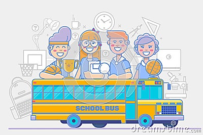 School children activities. linear education poster isolated on white background. Vector Illustration