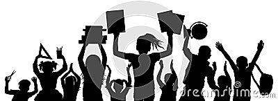 School children with books and notebooks, ruler and scissors and globe, backpack. Silhouette of cheerful crowd of first graders. Vector Illustration