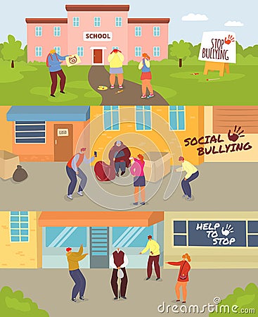 School children bullying vector illustration set, cartoon angry teenagers mocking sad unhappy girl or boy, old man Vector Illustration