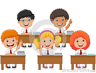 School children cartoon in classroom at lesson Vector Illustration