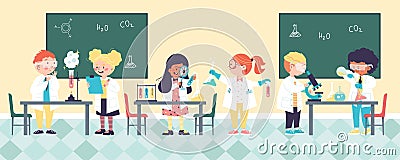 School children in chemical classroom, flat cartoon vector illustration. Vector Illustration