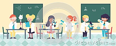 School children in chemical classroom, flat cartoon vector illustration. Cartoon Illustration