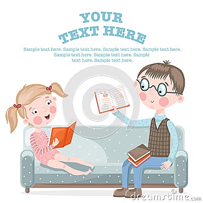 School children do homework sitting on the couch. Vector Illustration