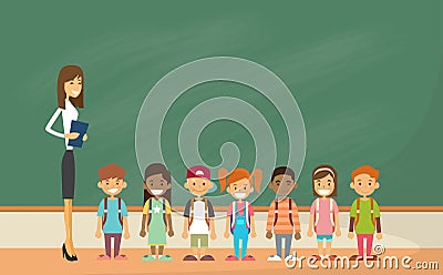 School Children Group With Teacher Classroom Green Board Vector Illustration