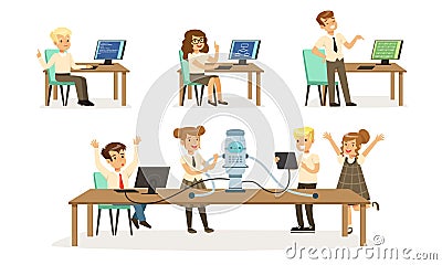 School Children at Informatics or Programming Lesson Collection, Students Working on Computers Vector Illustration on Vector Illustration