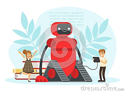 School Children at Informatics or Programming Lesson with Robot Vector Illustration Vector Illustration