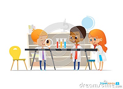 School children in lab clothing and safety glasses conduct scientific experiment with chemicals in chemistry laboratory Vector Illustration