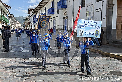 School children parade through the streets of Cusco in Peru. Editorial Stock Photo