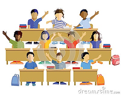 School Children Sitting at their Desks Vector Illustration