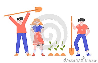 School children with spades and seedlings. Vector Illustration