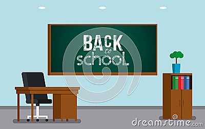 School class with blackboard and furniture. Vector Illustration
