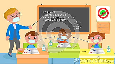 School class and COVID-19 rules vector illustration Vector Illustration