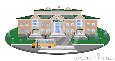 School, classic building on the circular platform of the lawn to the road,pedestrian crossing,with 3D effect section Vector Illustration