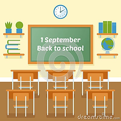 School classroom with chalkboard vector flat illustration. Vector Illustration