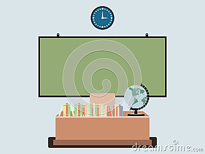 School classroom in flat style. School board on the wall, books on the table. Vector Illustration