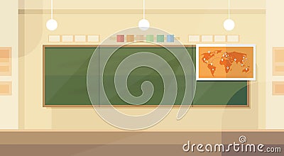 School Classroom Interior Board Map Flat Design Vector Illustration