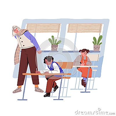 School classroom with kids at desks during test, exam. Teacher supervising individual work of elementary children Vector Illustration