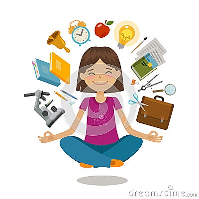 School, college concept. Funny student sitting in lotus pose. Vector illustration Vector Illustration