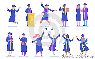 School or college graduation students set isolated on white background vector illustrations. Vector Illustration