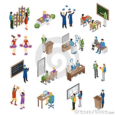 School College University Isometric Set Vector Illustration