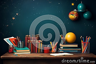 School composition celebrates Welcome Back to School with essential supplies Stock Photo