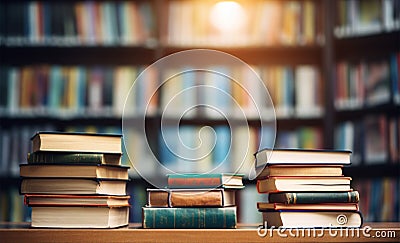 School concept, books on library shelf, back to school, blurred background Stock Photo