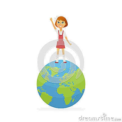 School Contest Winner - happy girl on the globe holding cup Vector Illustration