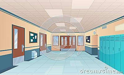 School corridor. Bright college interior of big hallway with doors classroom with desks without kids vector cartoon Vector Illustration