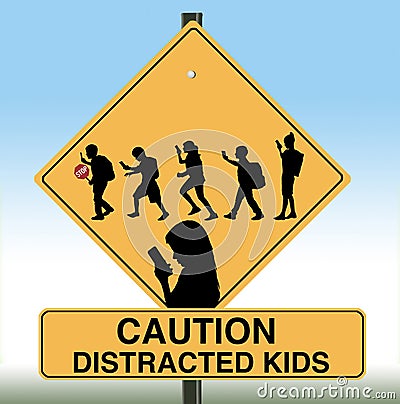 A school crossing sign includes silhouettes of children using cell phones in this illustration Stock Photo