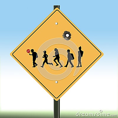 A school crosswalk sign is seen in this illustration with a bullet hole Cartoon Illustration