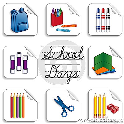 School Days Stickers, Drawing, Writing, Arts and Crafts Supplies Vector Illustration