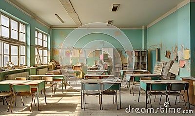 Desk chairs classroom room nobody class education school table building interior old Stock Photo