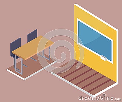 School Desk Side View and Blackboard 3D Vector Vector Illustration