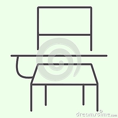 School desk thin line icon. Classroom student table and chair outline style pictogram on white background. Education and Vector Illustration