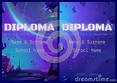 School diploma with alien planet in space design Vector Illustration