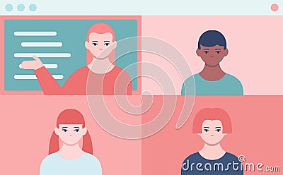 School distance education. Online lessons for school kids concept. Four screen of video call with first face POV view Vector Illustration