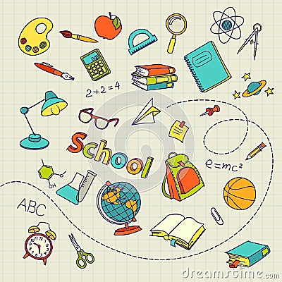 School doodle on notebook page vector background Vector Illustration